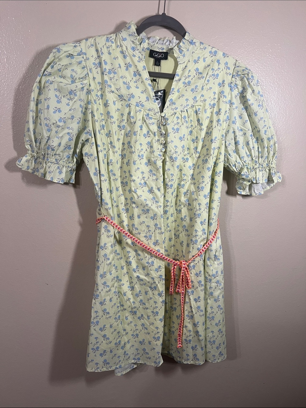 G&O Pale Yellow Mini Dress with Blue Floral Print and Braided Waist Tie